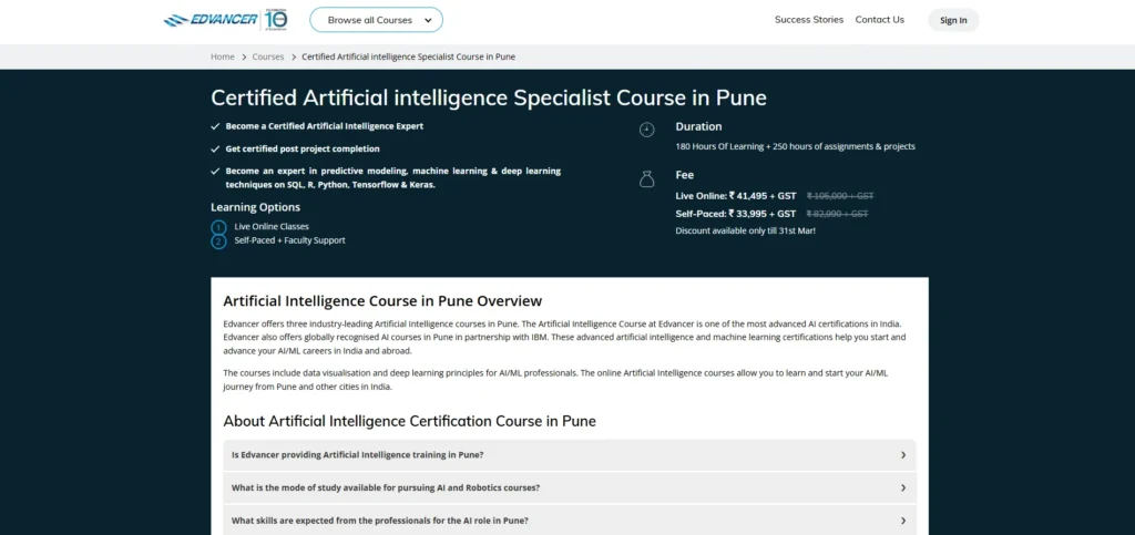 Edvancer — Certified Artificial Intelligence Specialist Course (Pune)